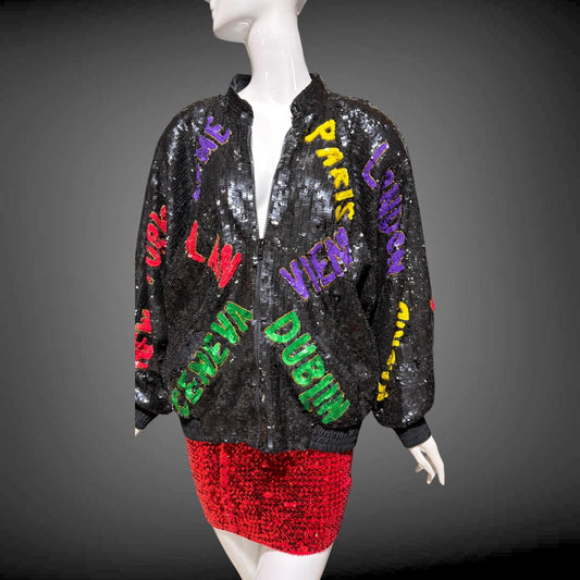 1980s vintage bomber jacket, World Traveler black sequin coat, Large