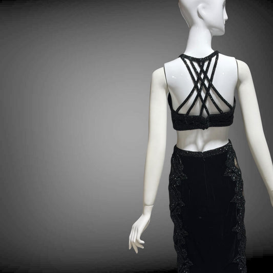 Vintage Y2k evening dress, Black velvet heavy beaded cutout gown