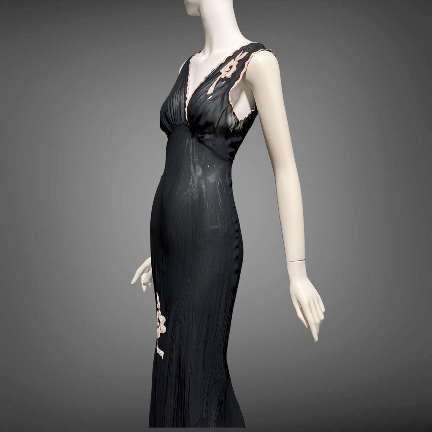 1930s vintage Nightgown slip dress, sheer sultry black lingerie dress, bias cut with applique