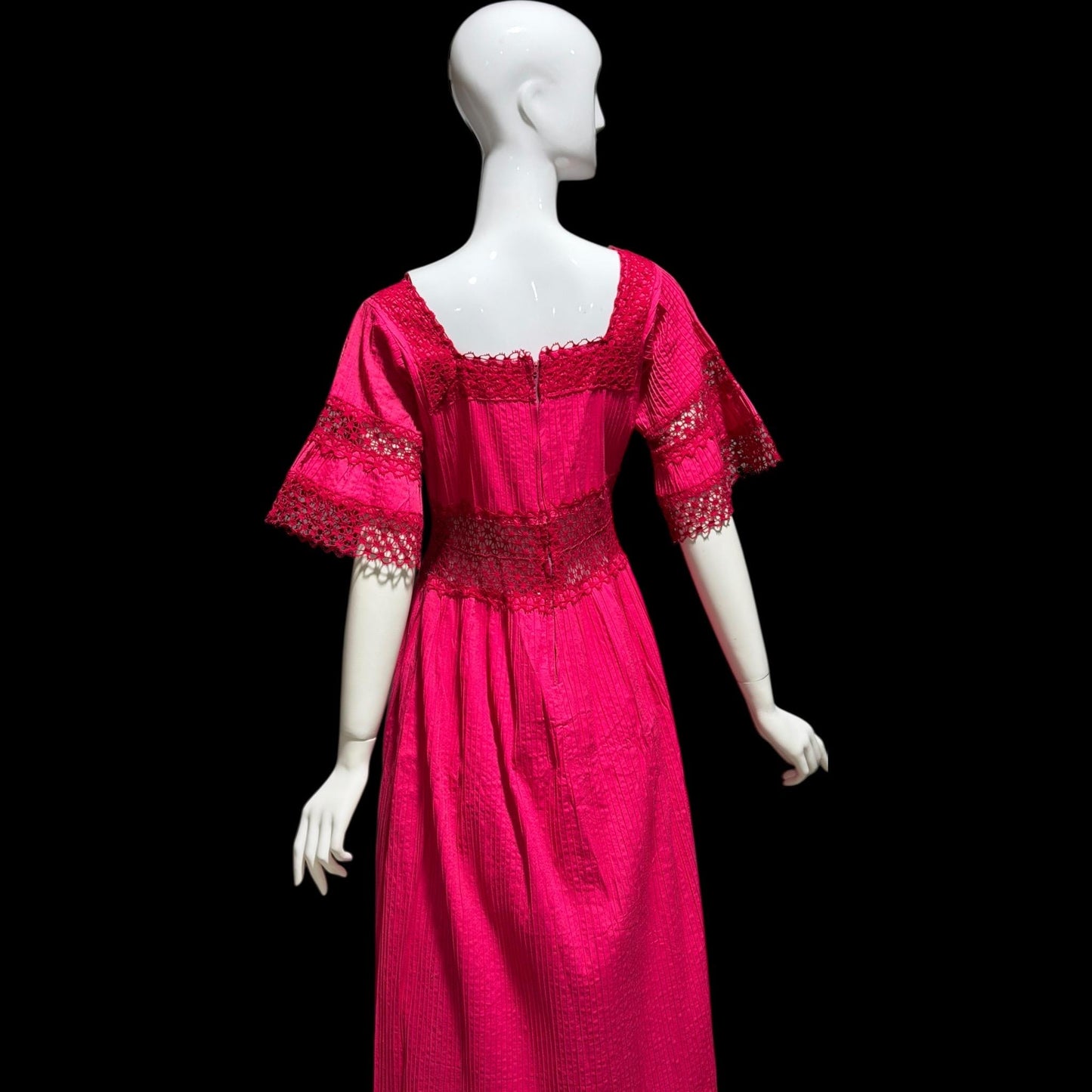 1970s Vintage Mexican evening wedding Dress, Hot Pink cotton crochet maxi dress