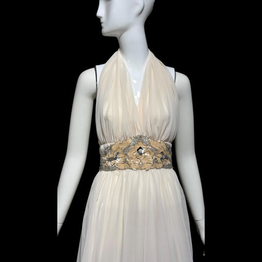 1980s vintage white chiffon dress, beaded cocktail wedding party halter dress