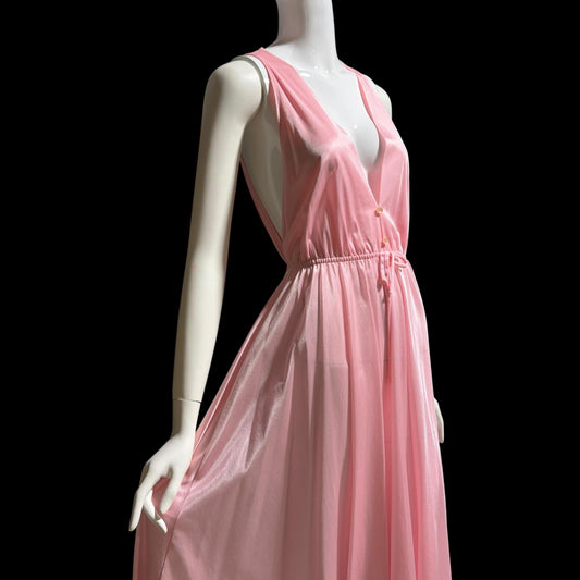 DREAM WEAR vintage nightgown slip dress, 1970s Petal Pink shimmering nylon Deep V lingerie dress