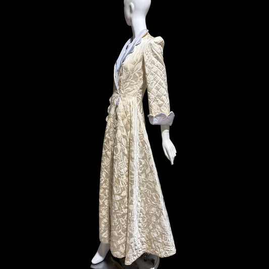 1940s Vintage Dressing Gown Robe, MORE Creamy White Quilted Satin Long Housecoat