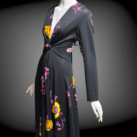 DON LUIS de espana vintage 1970s Maxi Dress, plunging V black floral jersey knit dress, stretchy