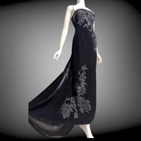 SAN CARLIN Vintage 1980s evening dress, Black Velvet Beaded Strapless gown with train, Medium
