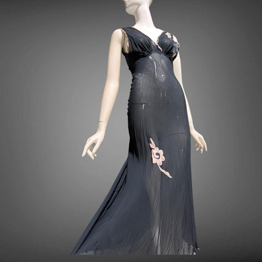 1930s vintage Nightgown slip dress, sheer sultry black lingerie dress, bias cut with applique