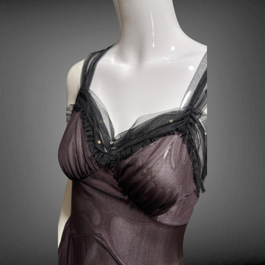 MUNSINGWEAR vintage 1950s Nightgown Slip Dress, Chocolate Brown nylon full length lingerie dress rhinestones