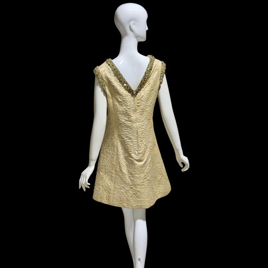 MR BLACKWELL CUSTOM Vintage 1960s Designer cocktail dress, Cates of Denver Boutique gold brocade mod shift dress