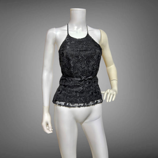 BETSEY JOHNSON label, Vintage 1990s camisole tiny top, Black lace halter top
