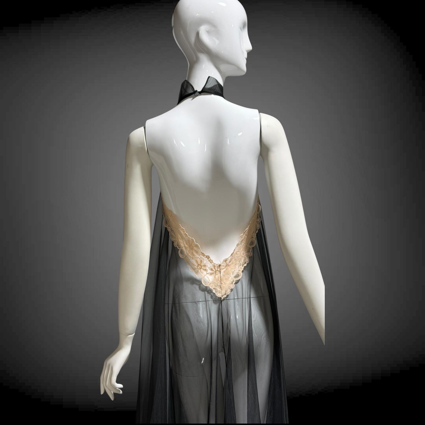 1960s Vintage nightgown sip dress, Completely sheer high neck black backless lingerie dress