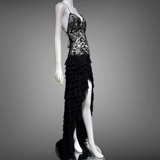 EMA SAVAHL Vintage Y2k evening dress gown, Black high low ruffle beaded cutout gown