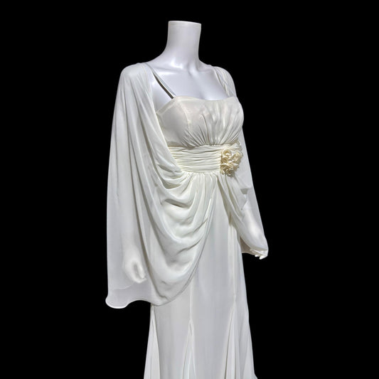 1980s Vintage wedding dress gown, Romantic white chiffon cape dress