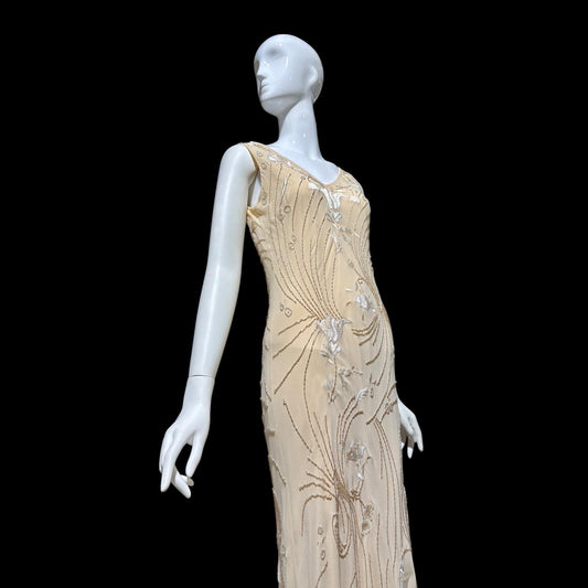 LILLIE RUBIN vintage evening dress gown, 1990s Nude Beaded Silk slip dress