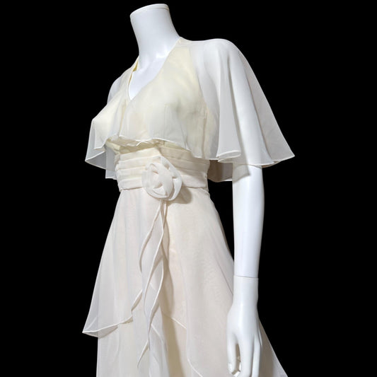 1970s vintage evening dress gown, Ruffle Cape Halter Chiffon Scarf Collar tiered Gown