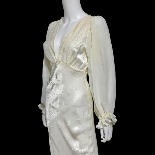 FEMICRAFT vintage 1930s nightgown dress, shimmering pearly white liquid satin sheath lingerie gown