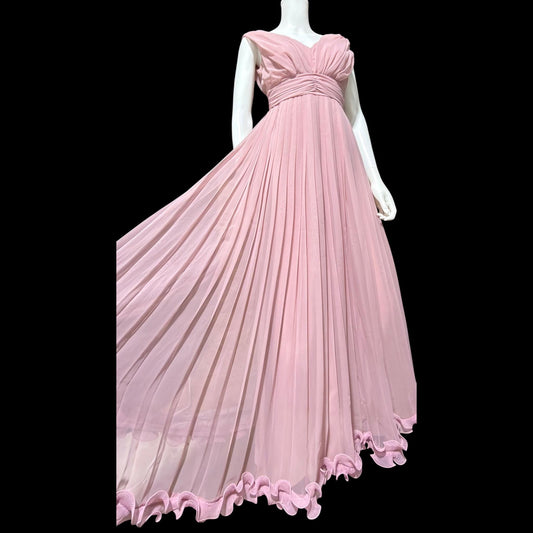 1960s vintage evening gown dress, dusty orchid pleated chiffon cocktail party dress