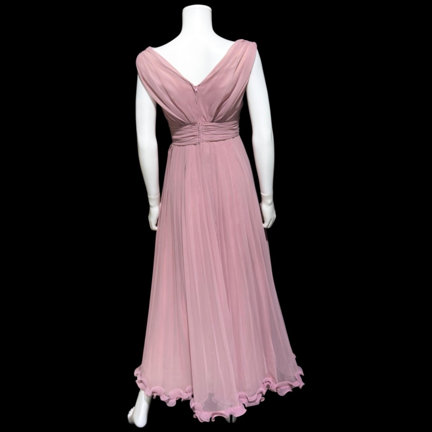1960s vintage evening gown dress, dusty orchid pleated chiffon cocktail party dress