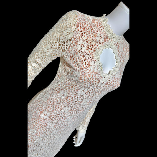 I MAGNIN vintage 1970s crochet maxi dress, Rebecca white cotton lace boho wedding dress