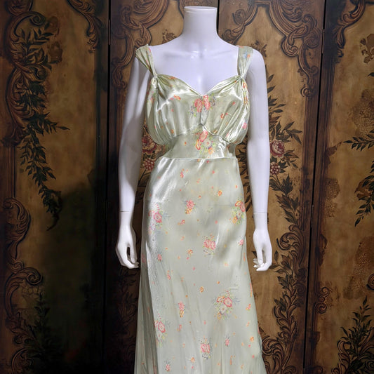 1940s vintage Nightgown slip dress, Bias Cut Green floral print Lingerie dress