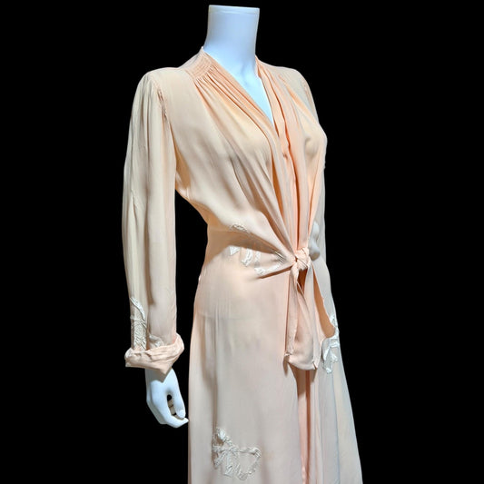 1940s vintage dressing gown robe, LYN DELLE powder pink zip front lingerie dress