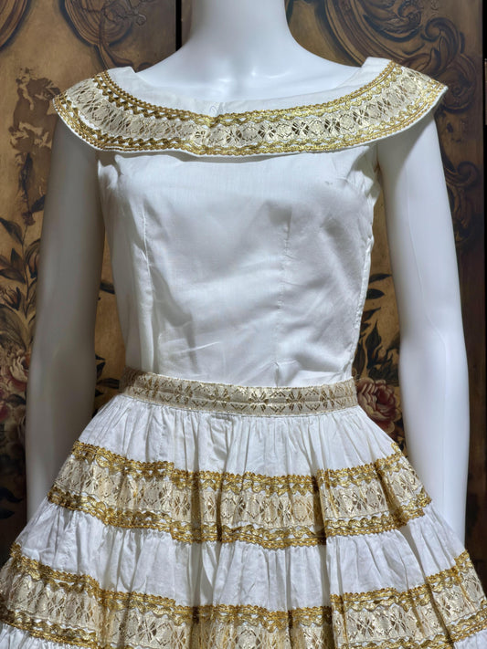 1950s vintage Patio Fiesta Dress, White Cotton Gold metallic 2 pc dress top & skirt