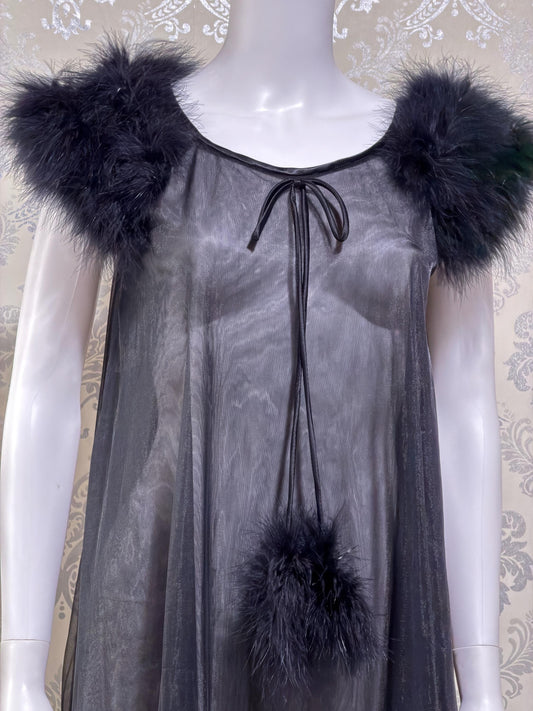 JENELLE Vintage nightgown caftan dress, 1960s Sheer black nylon with marabou lingerie dress