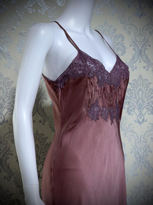 VIANNE vintage 1940s Silk Nightgown slip dress, dusty plum bias cut lace lingerie dress