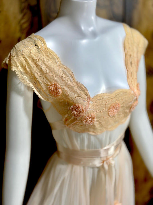 VANITY FAIR vintage Nightgown Robe Peignoir Set, 1960s Sheer peach lace pleats rosettes