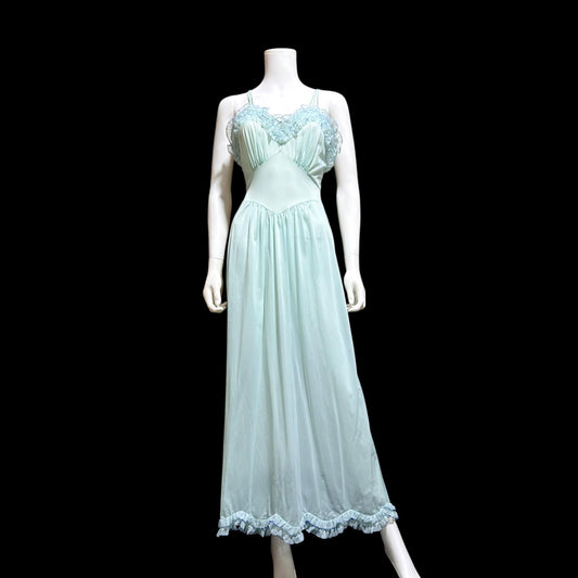 VANITY FAIR vintage nightgown slip dress, 1960s Aqua Blue nylon ruffle lingerie gown