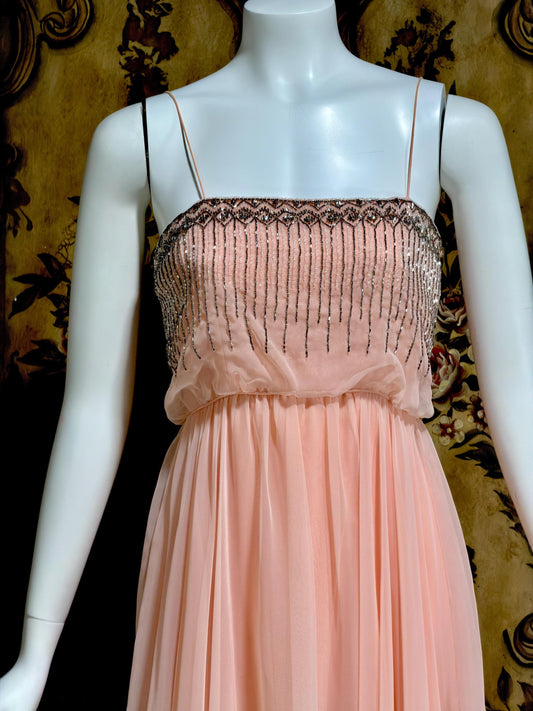 1960s vintage evening dress gown, FONTANA'S NY Beaded Pink Chiffon Formal Prom Gown