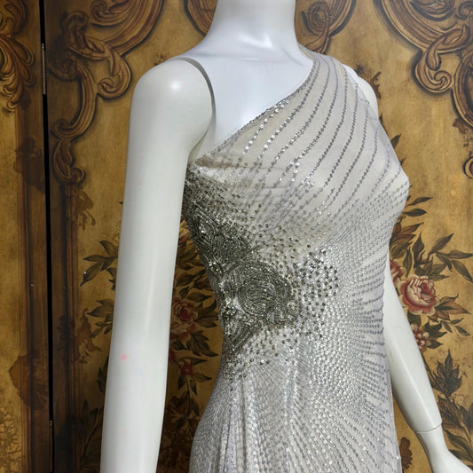 JENNY PACKHAM vintage evening dress gown, Y2K silver sequin one shoulder gown