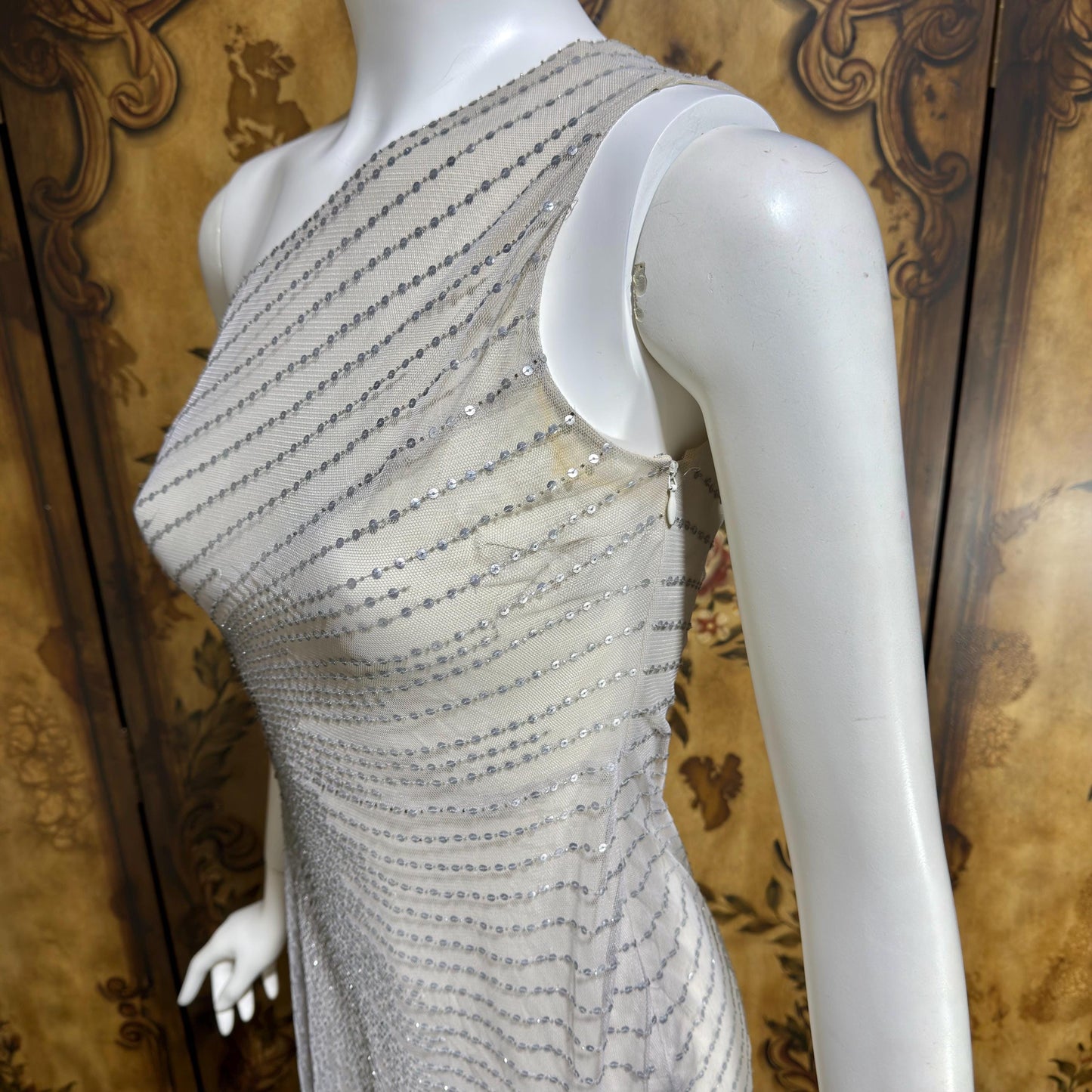 JENNY PACKHAM vintage evening dress gown, Y2K silver sequin one shoulder gown