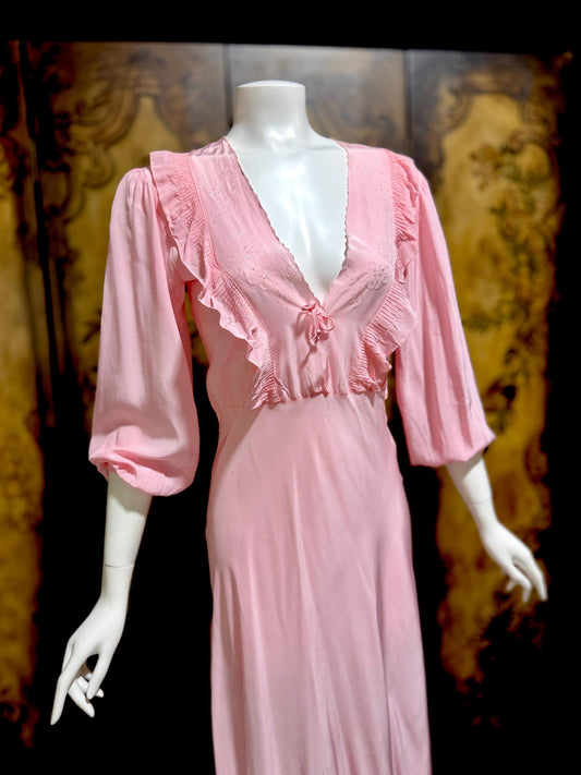 1940s Vintage Nightgown Lingerie Dress, Pink bias cut rayon House dress