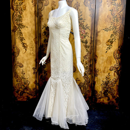 EMMA DOMB vintage wedding dress gown, 1950s white lace tulle mermaid gown