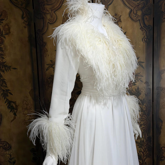 LILLIE RUBIN Vintage evening dress gown, 1970s White Chiffon Ostrich Feather Gown