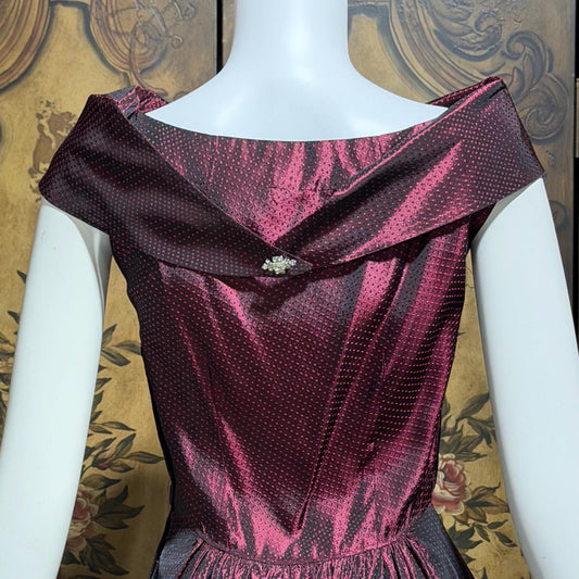 1940s vintage Evening Ball Gown, Deep Burgundy Shiny Satin Full Sweep Formal Dress