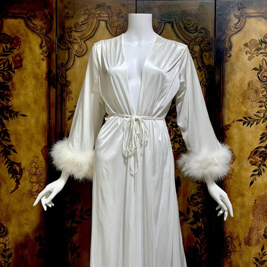 FREDERICKS OF HOLLYWOOD vintage 1970s dressing gown robe, white nylon marabou wrap house coat