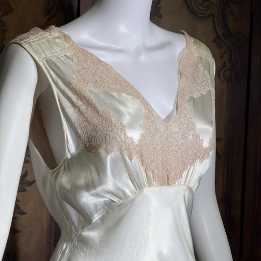 1930s vintage Nightgown slip dress, pearly white liquid satin bias cut lingerie dress