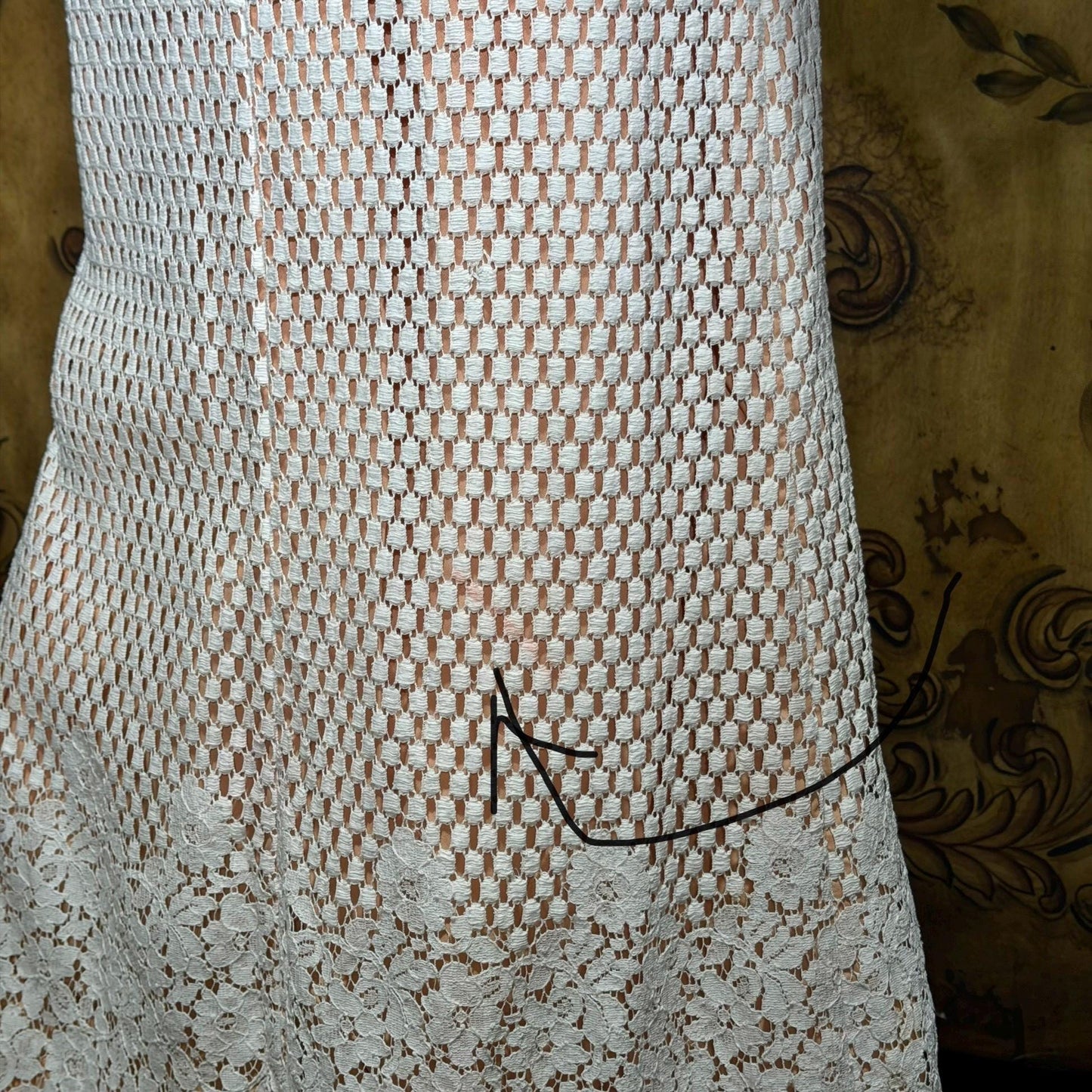 DAN LEE COUTURE Vintage 1970s maxi dress, white open weave cotton lace hostess dress
