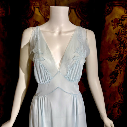 MONDAINE vintage 1940s Nightgown Slip Dress, powder blue nylon lingerie dress