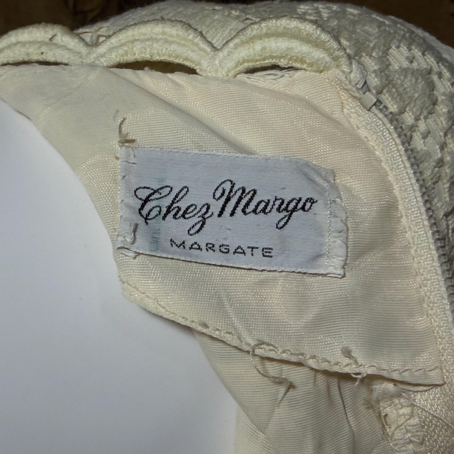 CHEZ MARGO Vintage evening dress gown, 1970s Margate NJ White Lace Shift Gown