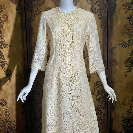 CHEZ MARGO Vintage evening dress gown, 1970s Margate NJ White Lace Shift Gown