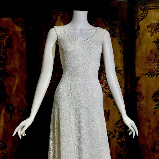 1960s Vintage crochet knit dress, white maxi bodycon evening party dress, stretchy