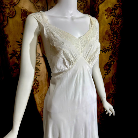 LAROS vintage 1940s nightgown slip dress, white bias cut rayon lingerie dress