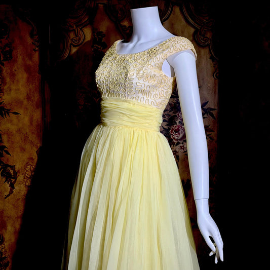 1960s Vintage evening dress gown, yellow lemon chiffon beaded prom ball gown