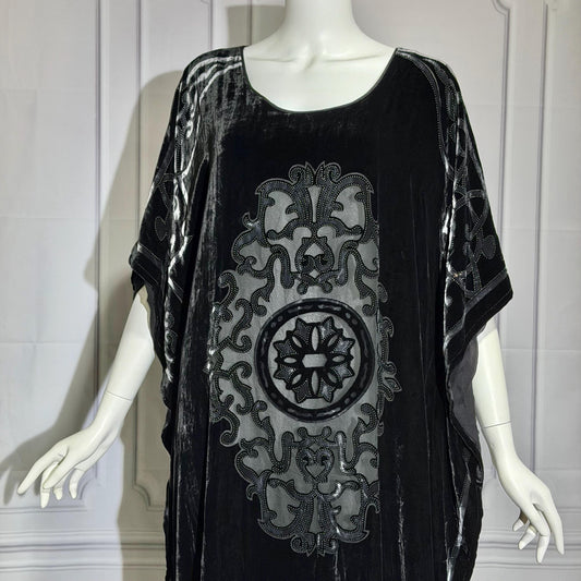 NEIMAN MARCUS vintage evening dress caftan, 1980s black velvet kaftan hostess gown