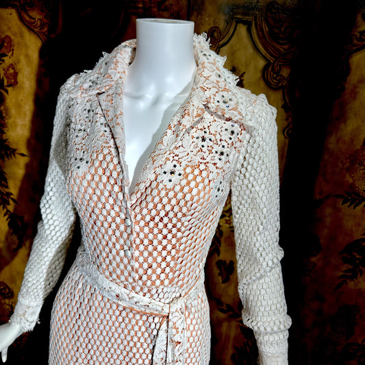 DAN LEE COUTURE Vintage 1970s maxi dress, white open weave cotton lace hostess dress
