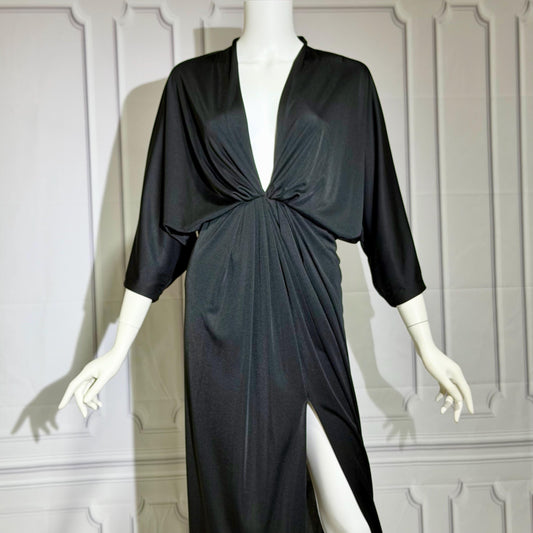 LUCIE ANN Vintage 1960s Evening Caftan, Black Slinky knit nylon Batwing Kaftan dress