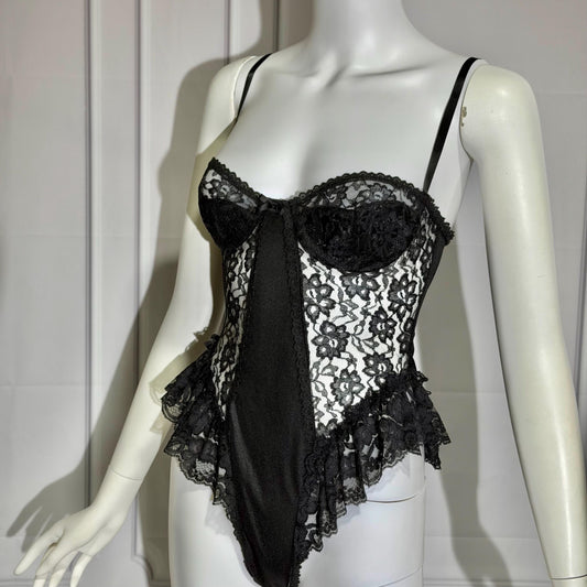 GIOVANNA vintage 1980s Lace Lingerie Teddy, black sheer lace teddy bodysuit