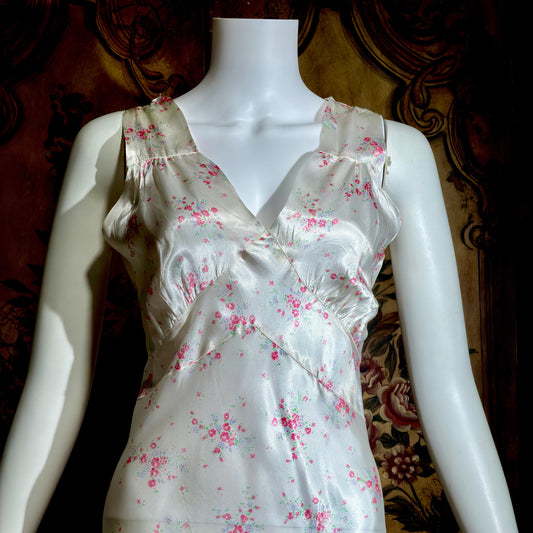 1930s vintage Nightgown slip dress, Bias Cut floral print Lingerie dress